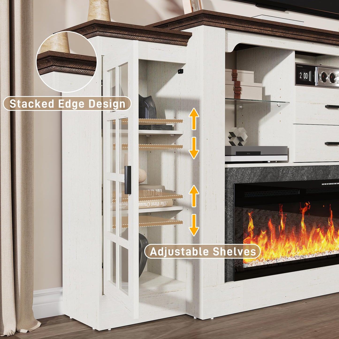 85" Electric Fireplace with Mantel, Fireplace TV Stand w/42 Electric Fireplace for 65 Inch TVs with Power Outlets, Farmhouse Entertainment Center with Storage for Living Room, Bedroom, Antique White