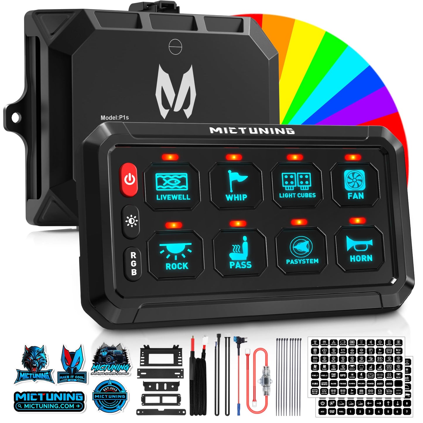 MICTUNING Upgraded P1s-X RGB 5 Inch 8 Gang Switch Panel, Multifunction Toggle Momentary Strobe Pulsed Switch Pod, 5-Level Brightness Circuit Control Relay System Box for Truck RV Offroad
