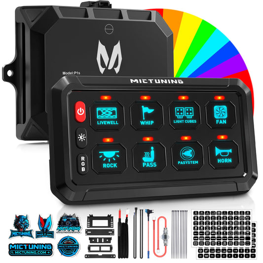 MICTUNING Upgraded P1s-X RGB 5 Inch 8 Gang Switch Panel, Multifunction Toggle Momentary Strobe Pulsed Switch Pod, 5-Level Brightness Circuit Control Relay System Box for Truck RV Offroad