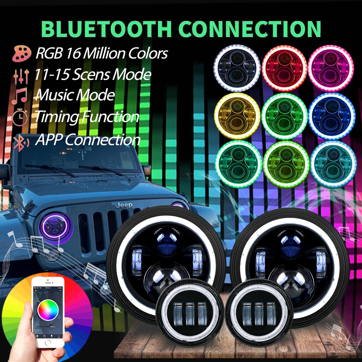 7" RGB Headlights & 4" Fog Lights Combo with Bluetooth Controlled Custom Colors,Music Mode, IP67 Waterproof DOT Kits,for 2007-2018 JK/JKU, 1997-2006 TJ, 2004-2006 LJ, 76-86 CJ