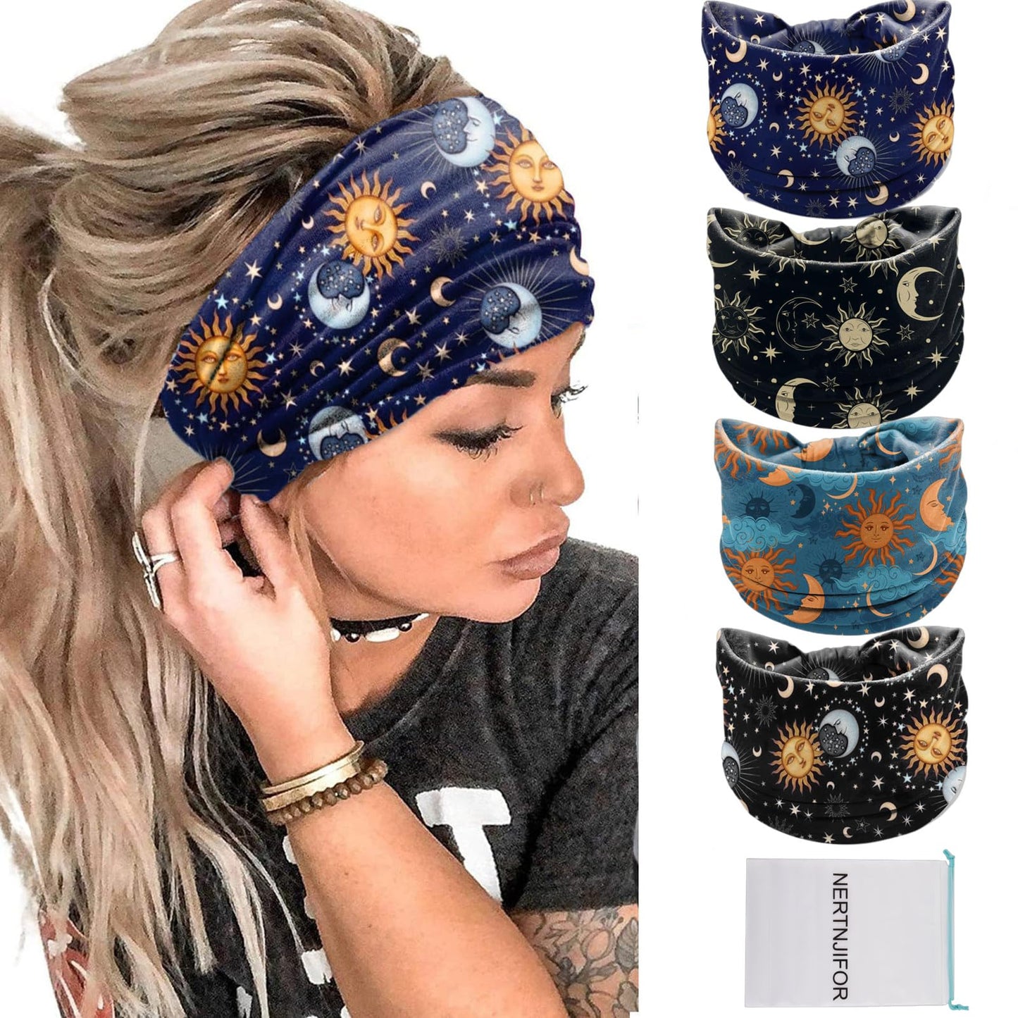 NERTNJIFOR Women Headbands Stars Moon Wide Knotted Headband Non Slip Wraps Elastic Yoga Turban Fashion Hair Bands Soft Hair Wrap Hair Accessories for Girls Pack of 4 (Star Moon)