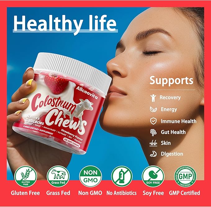 Bovine Colostrum Chews Supplement with probiotics for Gut Health, Bloating, Immune Support, Skin, Hair Growth and Beauty - Strawberry Flavor (60 Servings)