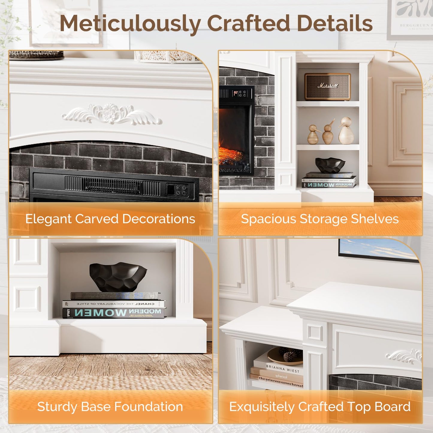 Bonnlo 80'' Fireplace TV Stand for 90'' TVs, Farmhouse Modern Electric Fireplace with Mantel, Media Entertainment Center Console Table with Ample Storage ＆ Adjustable Shelves, White