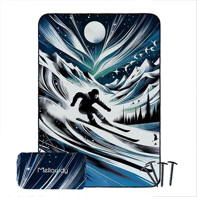 Mellowdy Companion Outdoor Printing Blanket - Waterproof, Wind-Resistant, Warm, Utility Blanket for Camping, Picnic, Stadium, Beach, Gameday, Travel, Foldable with Carrying Bag（Skier Painting,55x80）