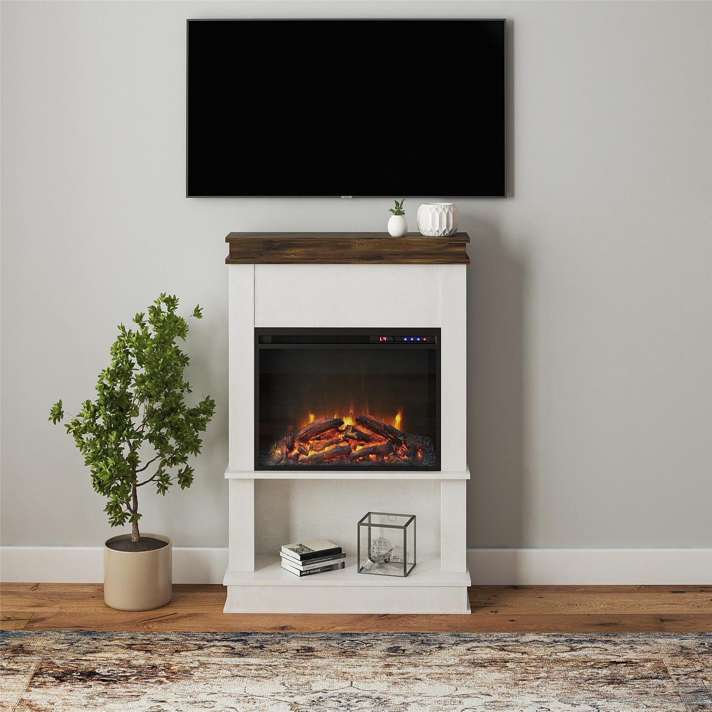 Ameriwood Home Mateo Electric Mantel Fireplace with Open Shelf, Ivory Oak Finish, Eco-Friendly Heating Technology