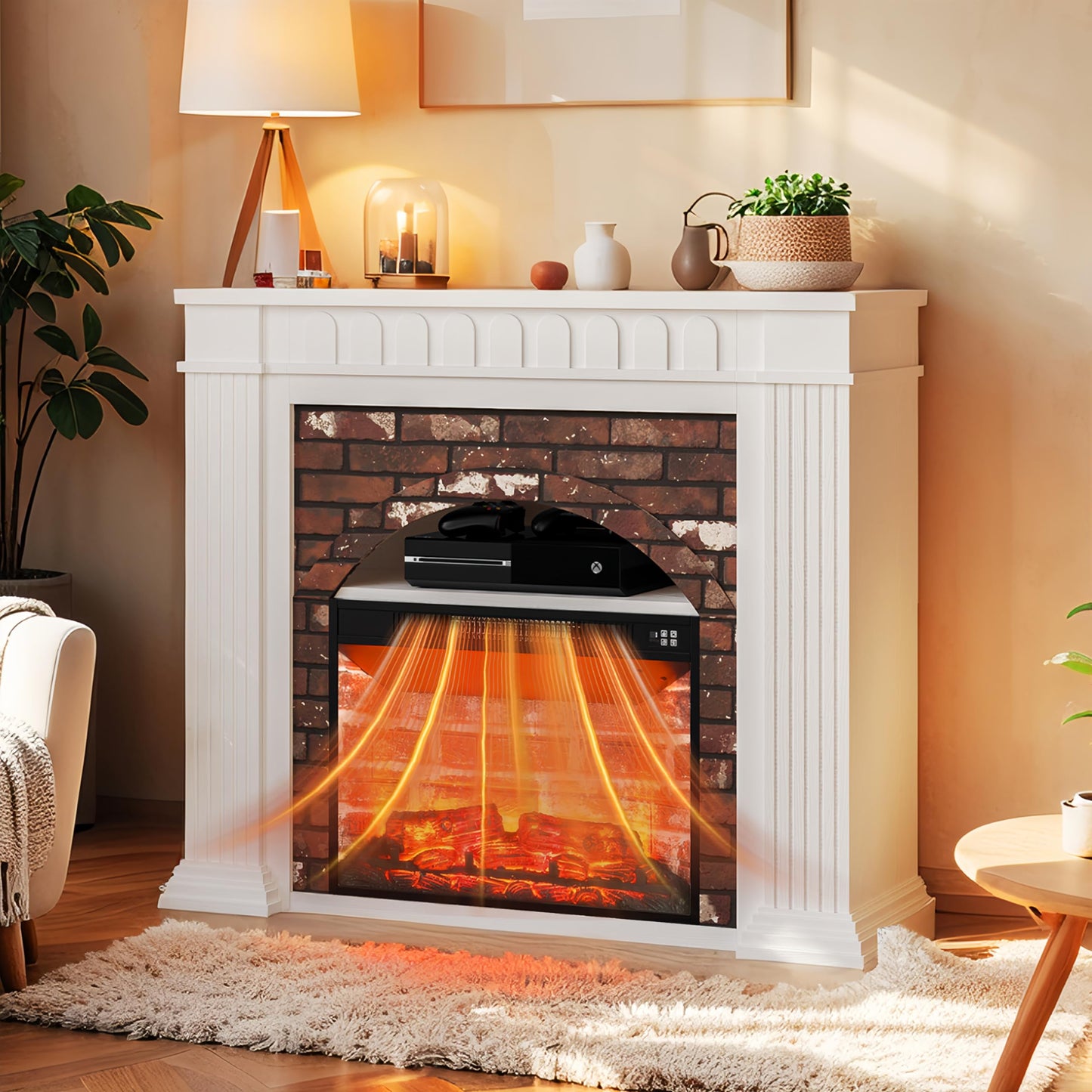 44" Electric Fireplace Mantel, TV Stand with Freestanding Electric Fireplace, Stacked Stone Surround Fireplace Heater with Remote Control, Adjustable 3D Flame Fireplace for Living Room Bedroom