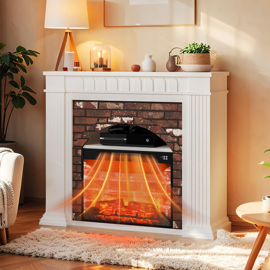 44" Electric Fireplace Mantel, TV Stand with Freestanding Electric Fireplace, Stacked Stone Surround Fireplace Heater with Remote Control, Adjustable 3D Flame Fireplace for Living Room Bedroom