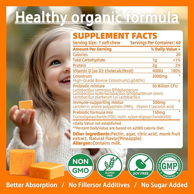 Bovine Colostrum Chews Supplement with probiotics for Gut Health, Bloating, Immune Support, Skin, Hair Growth and Beauty - Orange Flavor (60 Servings)