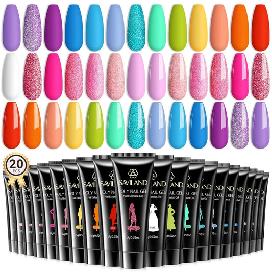 Saviland Poly GEL Nail Colors：20 Colors Nail Extension Gel Kit Bright Rainbow Pink Purple Blue Color Collection Poly Gel Nail Kit for Daily Nail Art DIY Nail Salon Gift for Girls