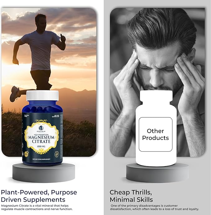 Biovitalia Magnesium Citrate Supplement for Sleep Heart Health Cognitive Health Bone Health Energy Muscles & Metabolism with Premium Magnesium - 60 Vegan 1000mg Capsules