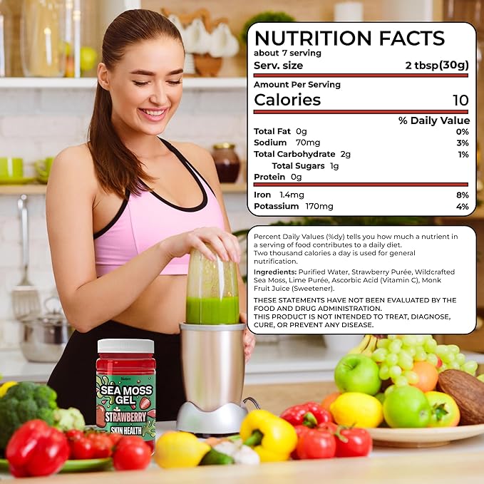 Biolore Sea Moss Gel Strawberry Made in USA Raw Wildcrafted Irish Seamoss Essential Vitamins Trace Minerals Vegan Superfood (Strawberry 8OZ)