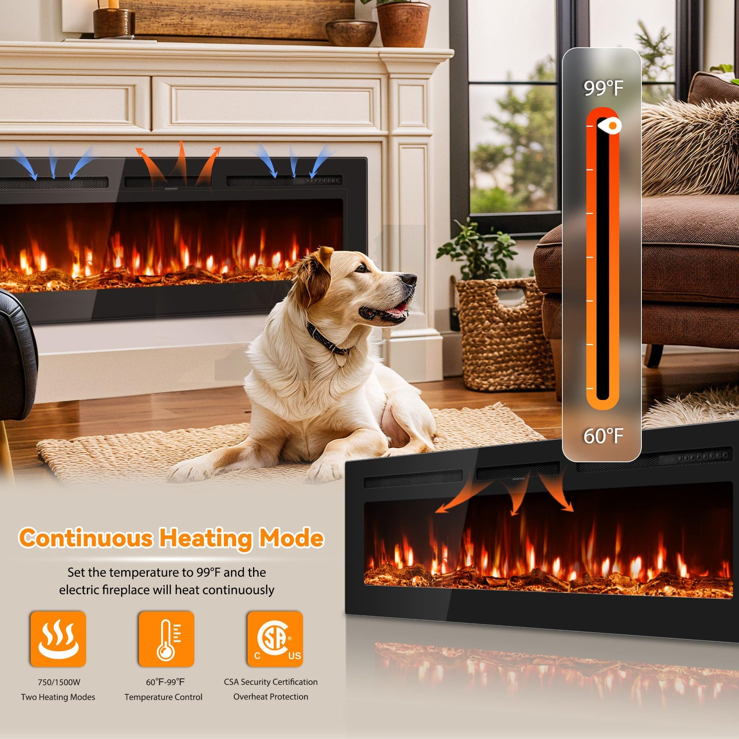 Manastin 50 inch Electric Fireplace in-Wall Recessed and Wall Mounted with Remote Control, 1500/750W Fireplace Heater (60-99°F Thermostat) with 12 Adjustable Color, Timer, Log and Crystal