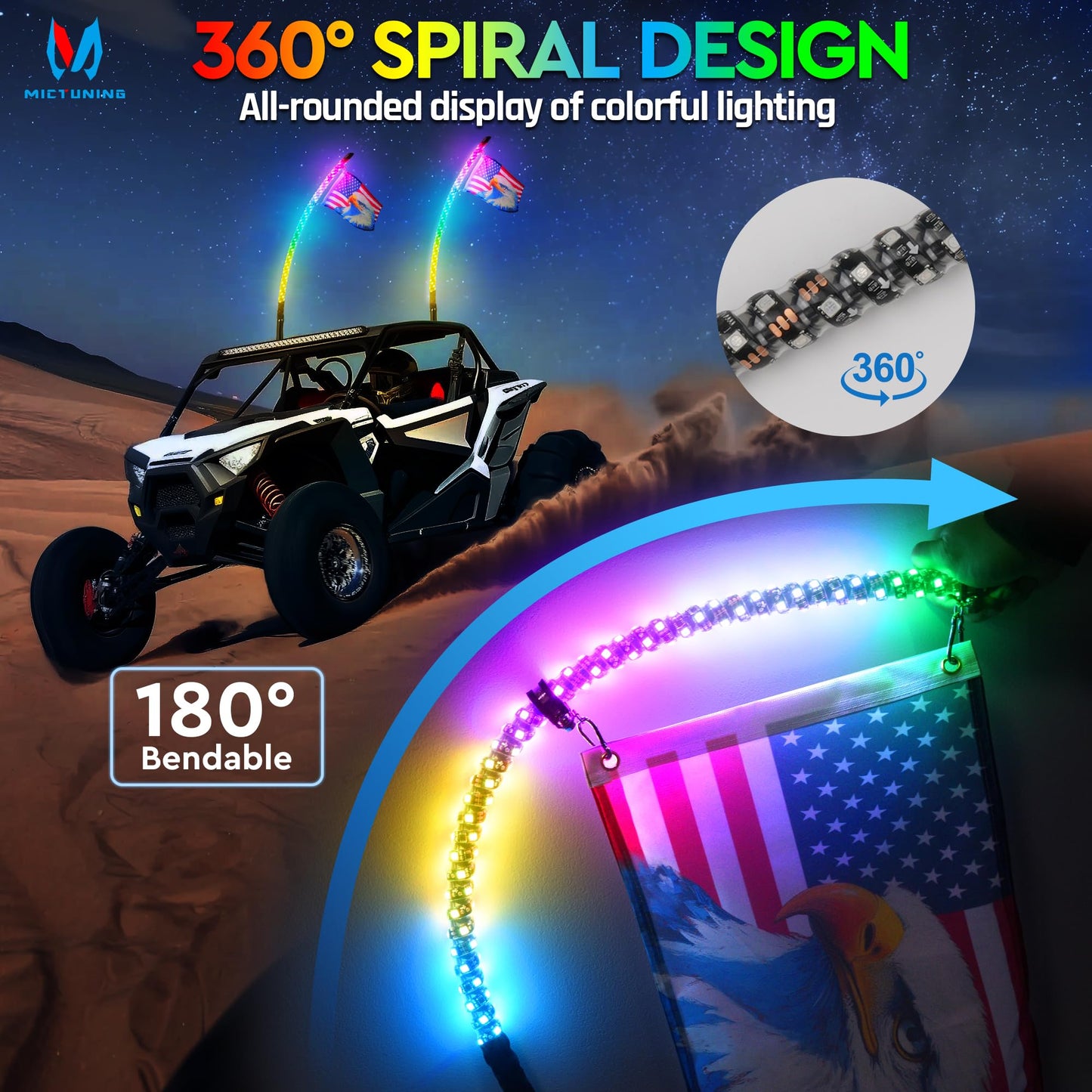 MICTUNING 2pc 3ft Spiral LED Whip Lights with 8 Flags, RF Remote and App Control, RGB Chasing Lighted with Rocker Switch, Music Synced Whips Lights Kit for UTV ATV Polaris RZR Can-Am