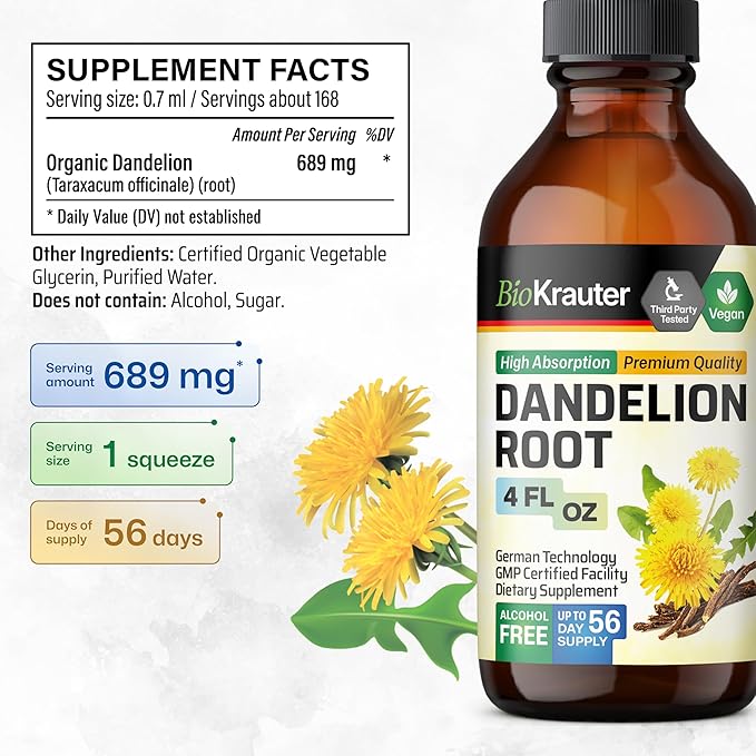 BIO KRAUTER Dandelion Tincture - Pure Dandelion Root Supplement for Liver & Kidney Support - 4 Fl. Oz - 56 Days of Supply - Vegan Extract Liquid Drops Non-GMO, No Fillers, No Sugar & Non-Alcohol