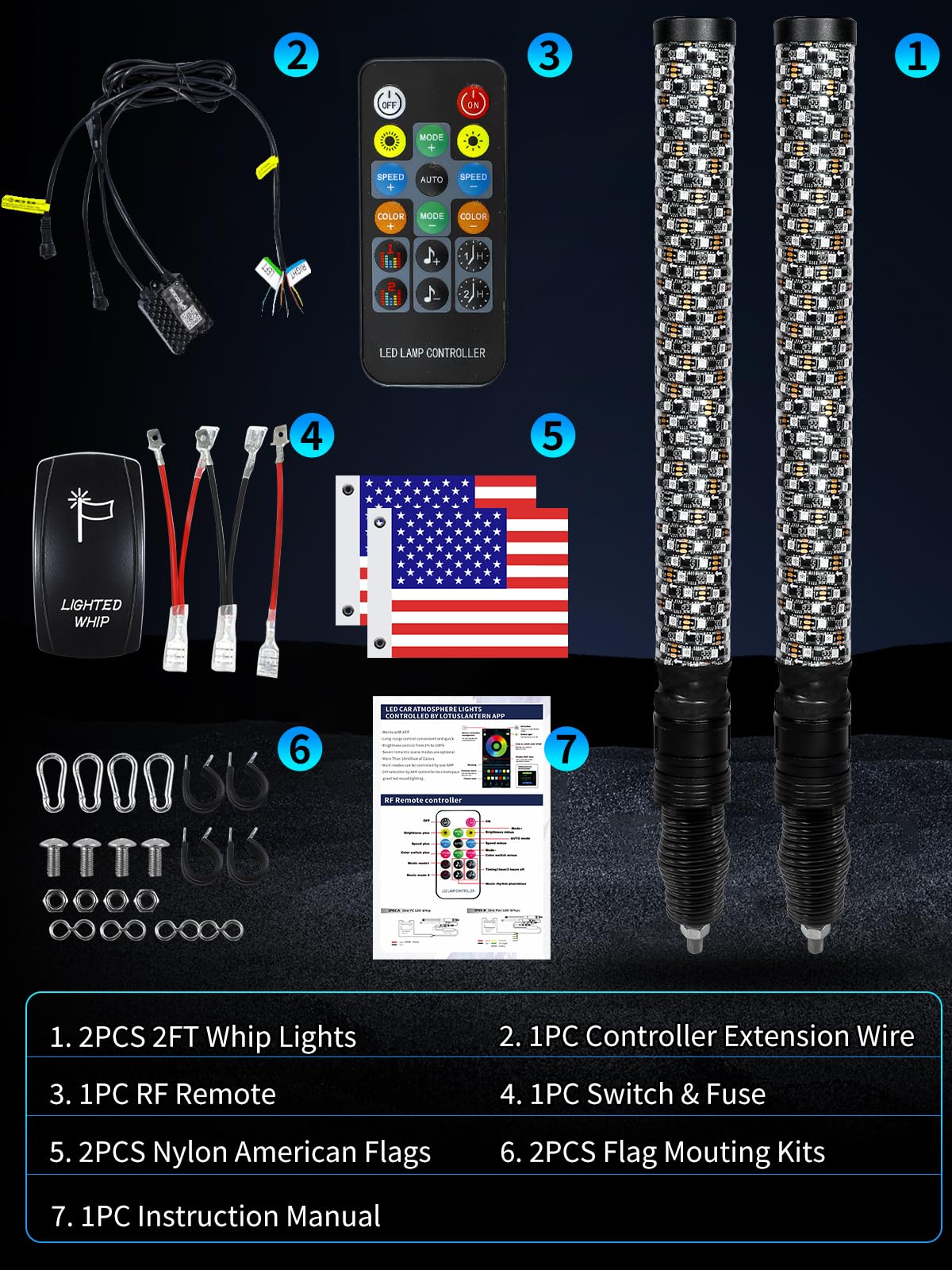 VI9000 2 Pack 2FT Fat Whip Lights, LED Whip Lights with App & Remote Control, Spiral RGB Chasing Lighted Antenna Whips with Rocker Switch, Music Whip Light for SXS UTV ATV RZRCan-Am X3 Off-Road