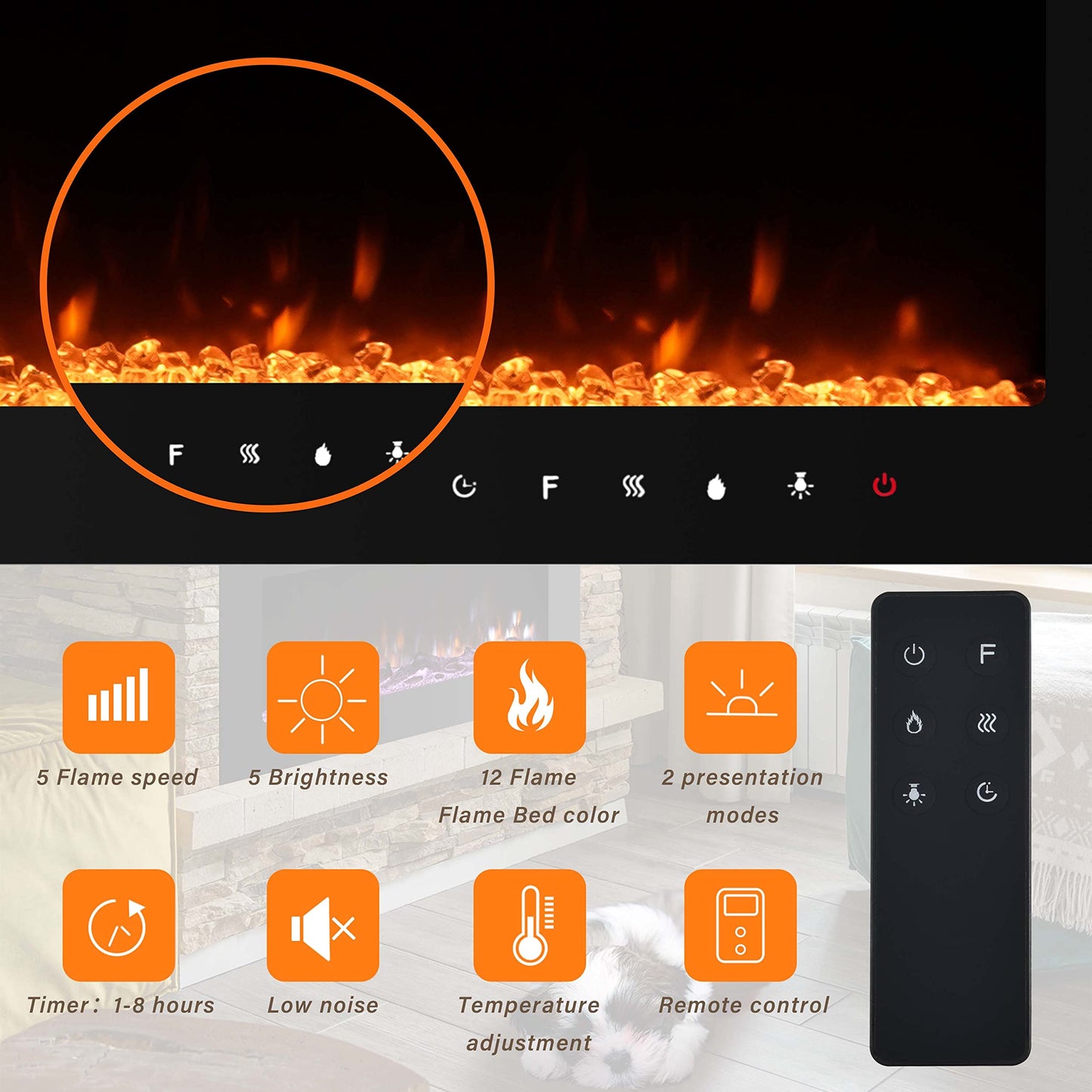 100 inch Electric Fireplace Insert, Wall Mounted, 12 Flame Colors, Remote Control, Timer