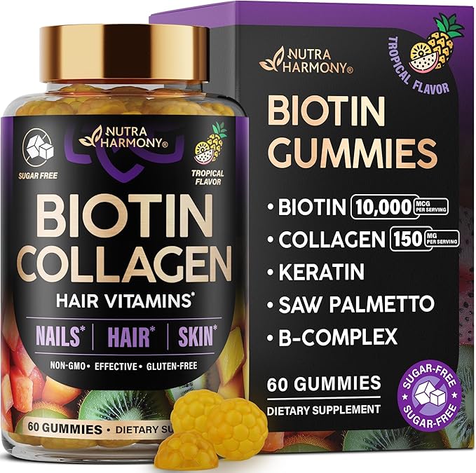 Biotin Gummies with Collagen - Hair Growth Support Skin & Nail Strength - for Women & Men - Biotin 10000mcg | Keratin | Hyaluronic Acid | B-Complex | Saw Palmetto - Sugar-Free, Tropical Mix - 60 Gummy