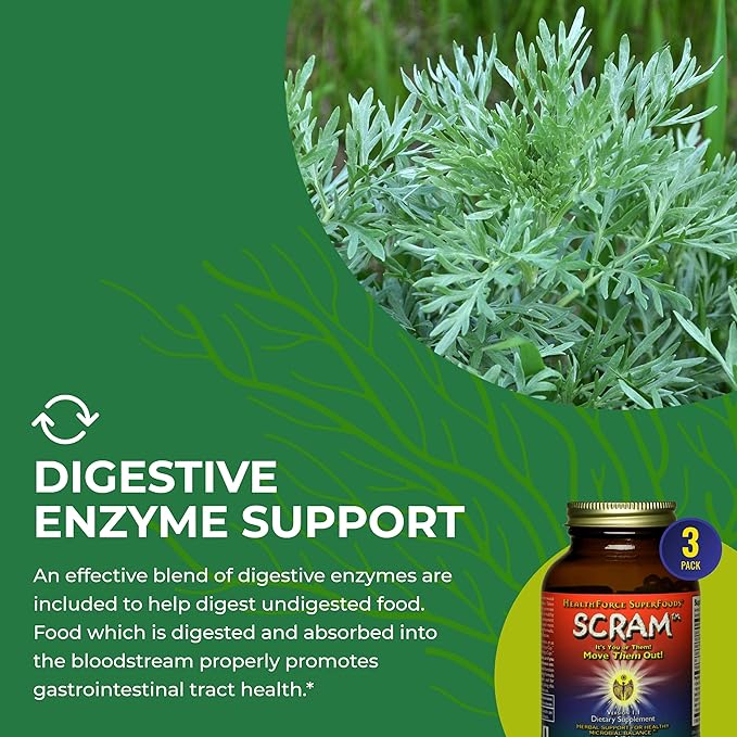 HealthForce SuperFoods Scram - Herbal Supplement with Milk Thistle, Wormwood & Black Walnut - Digestion Support Capsules - 150 Vegan Capsules (Pack of 3)