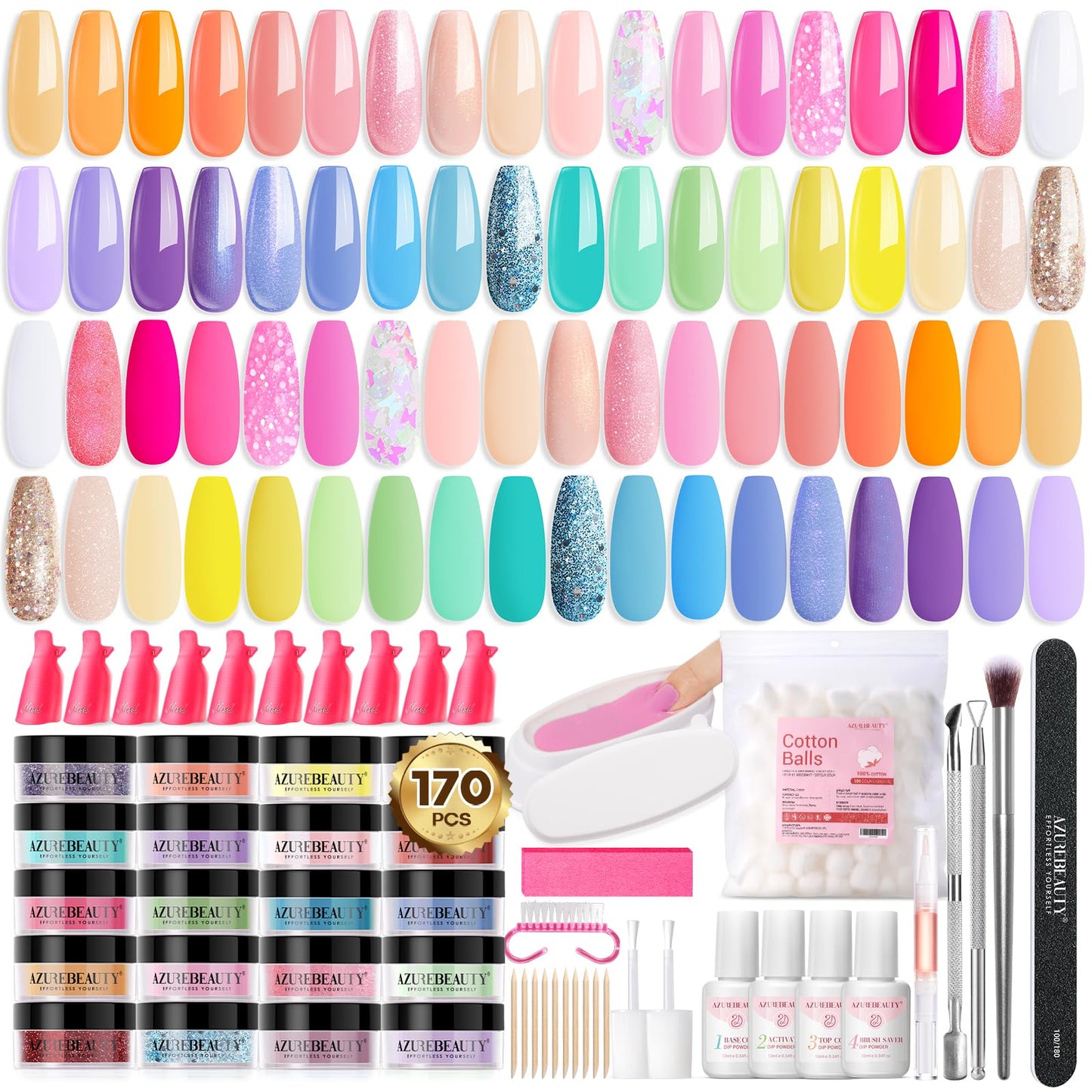 AZUREBEAUTY 170Pcs Dip Powder Nail Kit Starter, 36 Colors Pastel Pink Purple Blue Yellow Dip Powder Liquid Set Spring Summer with Top/Base coat Activator for French Nails Art Gifts