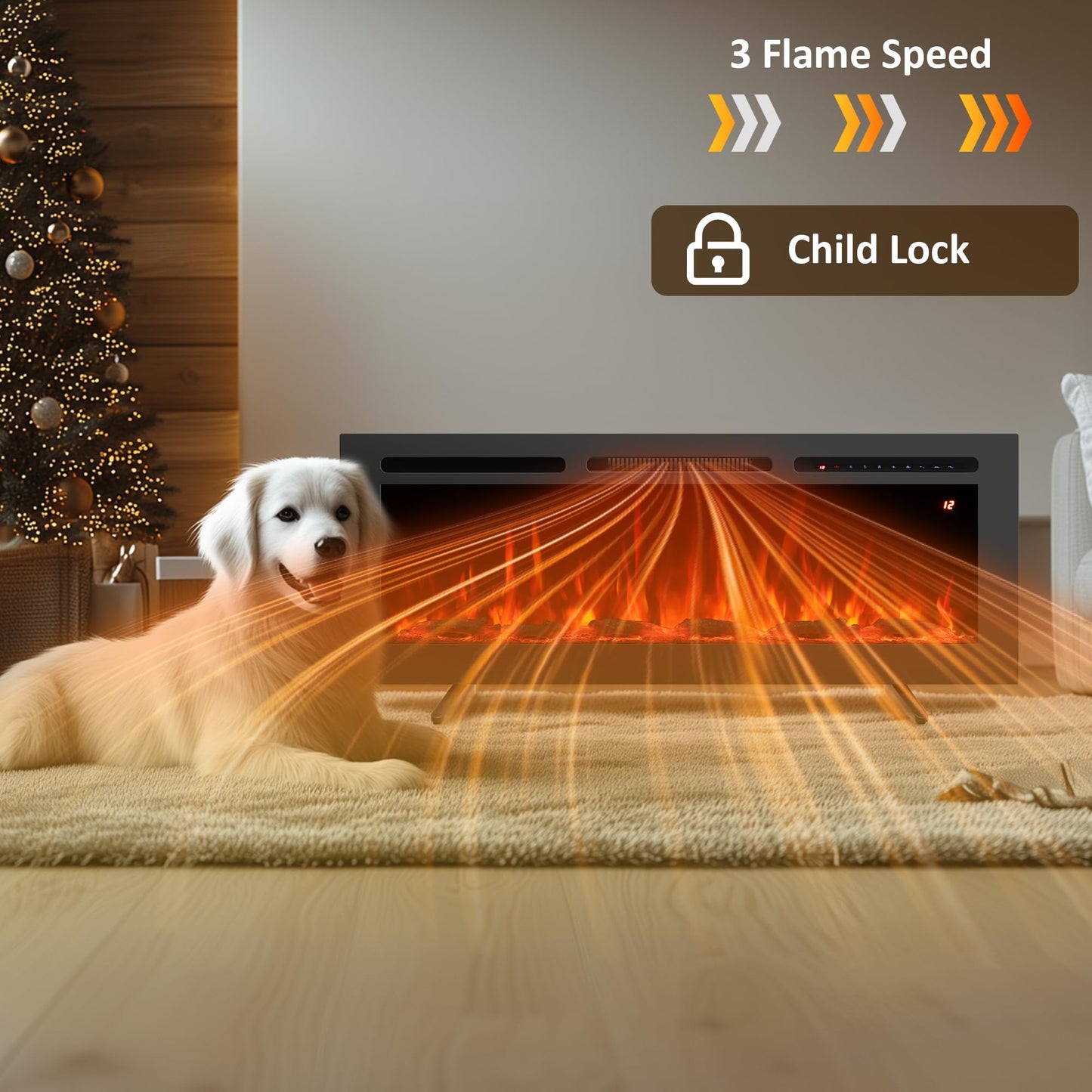 Rodalflame 54" Electric Fireplace Inserts, Adjustable Flame&Speed, Thermostat Heater, Recessed, Wall Mount, Freestanding, Brightness, Child Lock, Timer