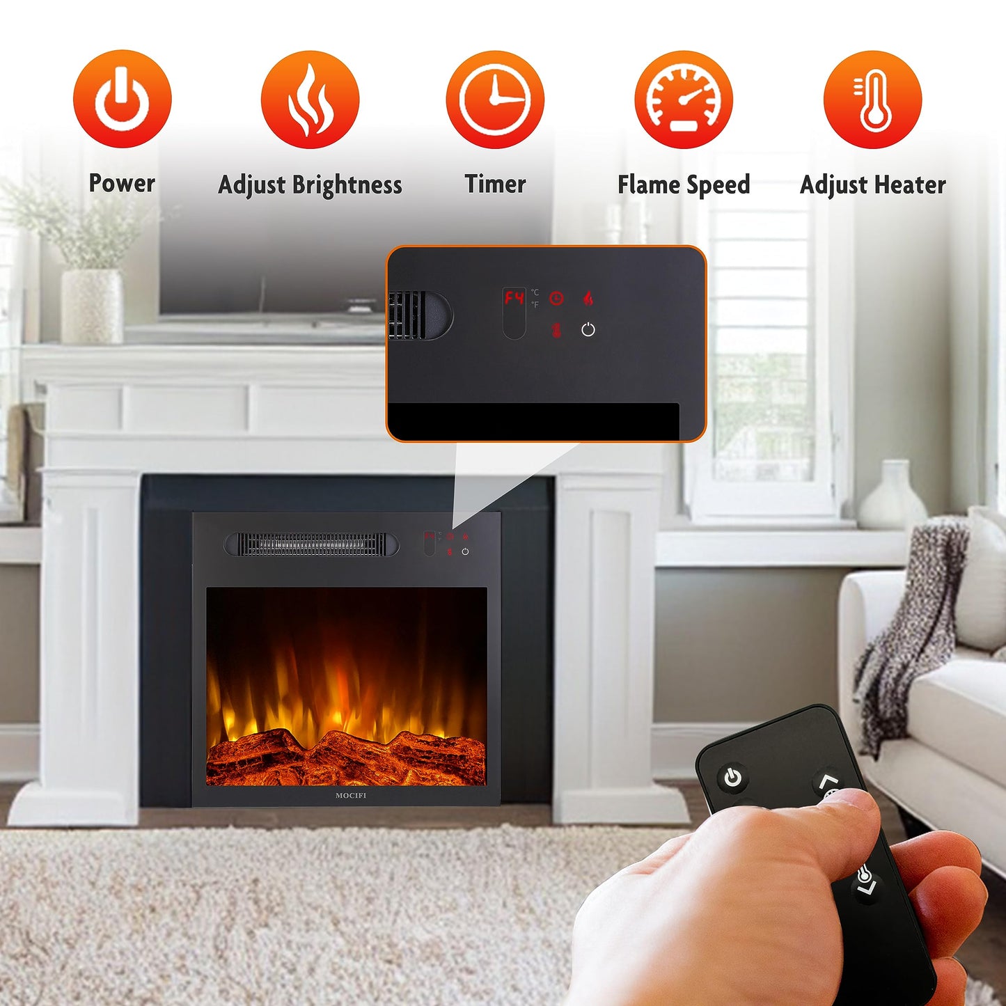 MOCIFI 18 inch Built-in Electric Fireplace Insert Heater, Recessed Freestanding Fireplace, Remote Control, Touch Screen, Adjustable Flame Brightness Speed, Low Noise, 1000W, Black