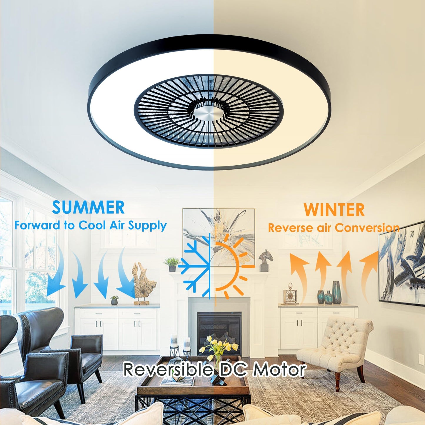 HUMHOLD 24" Bladeless Ceiling Fans with Lights and Remote/APP/Voice Control, Low Profile Ceiling Fan with RGB Lights, Enclosed Flush Mount Ceiling Fan for Kid's Bedroom/Living Room
