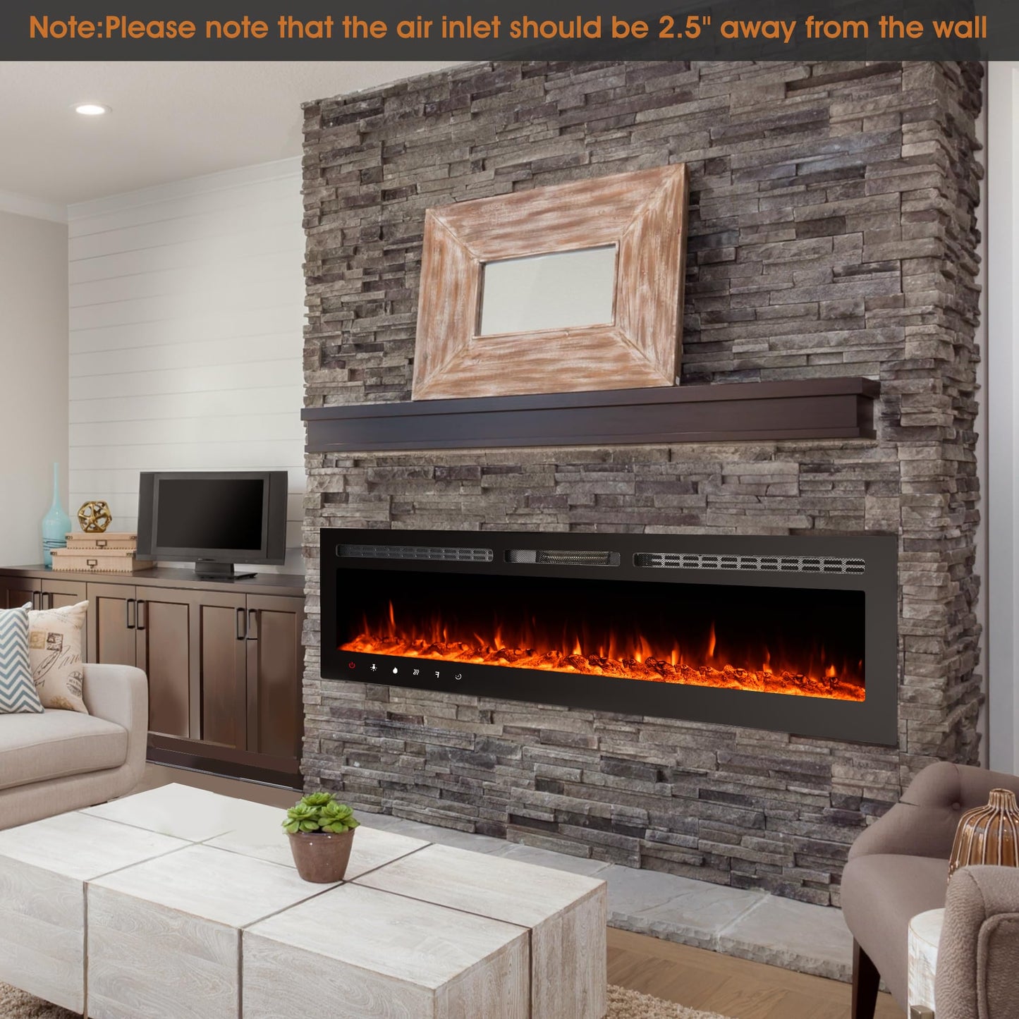 Anpuce 80 inch Ultra-Thin Electric Fireplace Recessed and Wall Mounted with Touch Screen Control Panel/Remote Control- Timer,Realistic 5 Flame - Log & Crystal Hearth Options