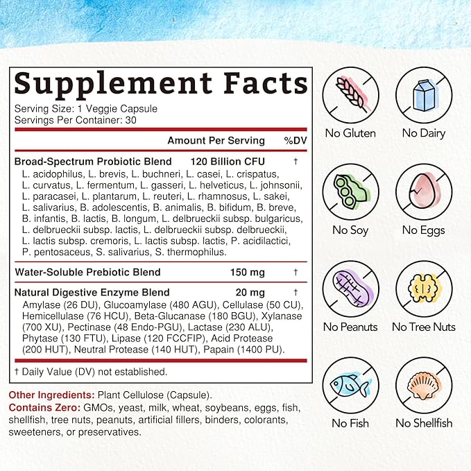 Bonawell Probiotics 120 Billion CFU 32 Strains with Prebiotics, Digestive Enzymes for Gut Health, 3-in-1 Daily Probiotic, Shelf-Stable, Delayed-Release, 30 Veggie Caps