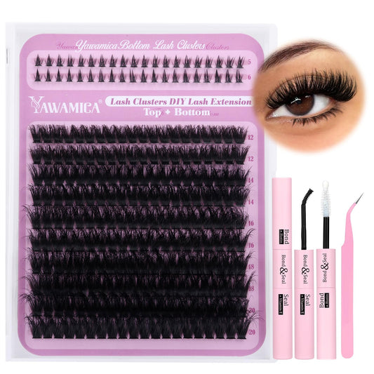 Yawamica Eyelash Extension Kit Wispy Lash Clusters Kit with Bottom Lashes 100D Fluffier Volume Individual Lashes 12-20mm Eyelash Clusters with 5-6mm Bottom Lashes with Bond and Seal and Lash Tweezers