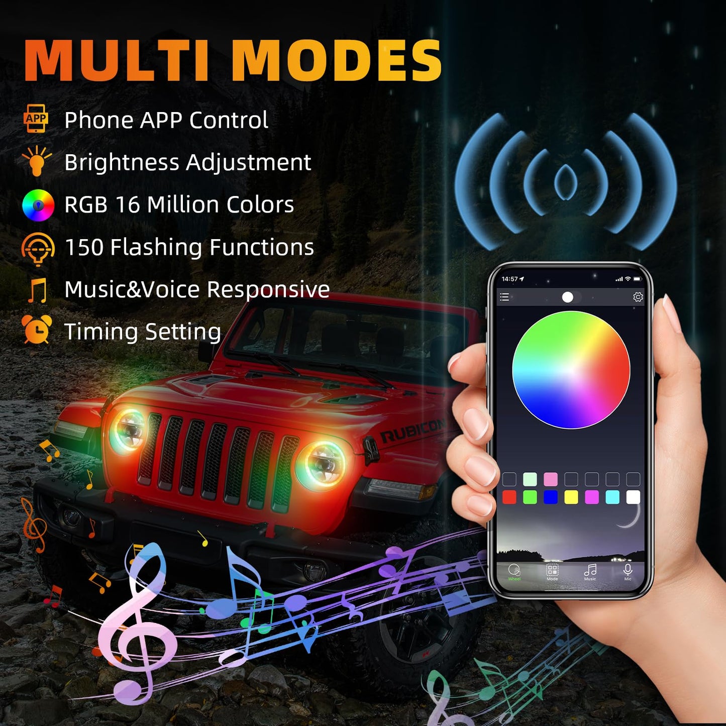 CAFOPAR 9 Inch RGB LED Headlights, DOT RGB Halo Headlight fit for 2018-2025 Wrangler JL Gladiator JT Sahara Rubicon Headlight Replacemant