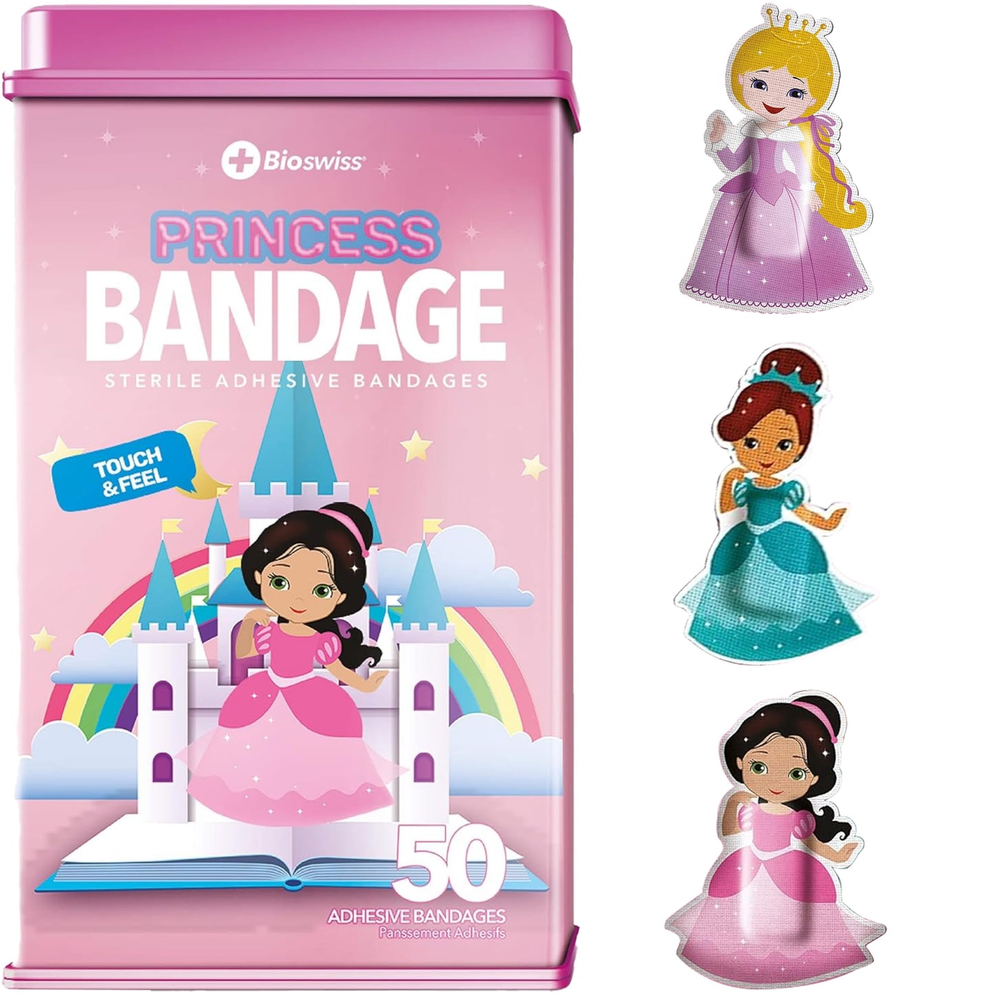 BioSwiss Bandages, Princess Shaped Self Adhesive Bandage, Latex Free Sterile Wound Care, Fun First Aid Kit Supplies for Kids, 50 Count