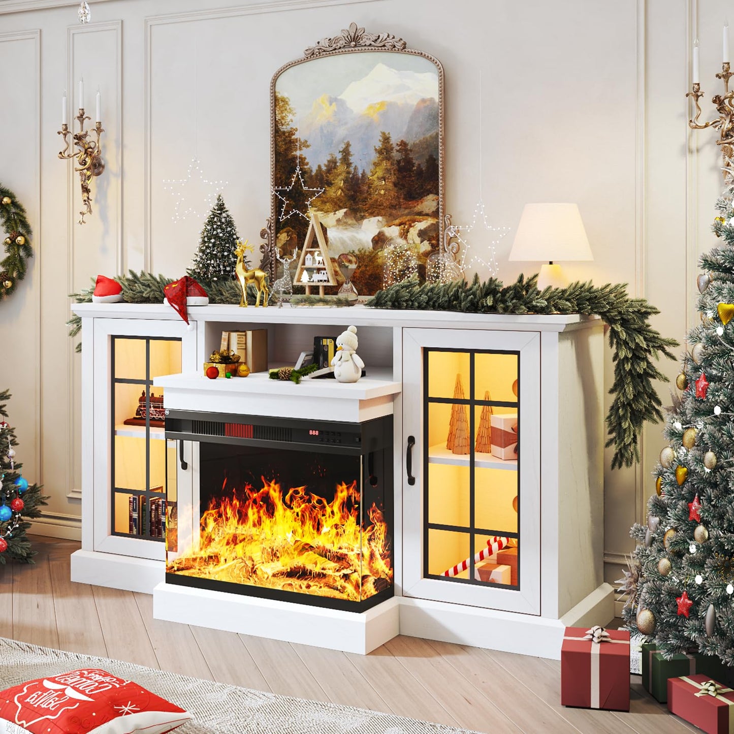 oneinmil 59'' Fireplace TV Stand, 3 Sided Glass Media Entertainment Center Console Table for TVs up to 65'' with Glass Door Adjustable Flame LED Color for Living Room, Set of TV Table, White