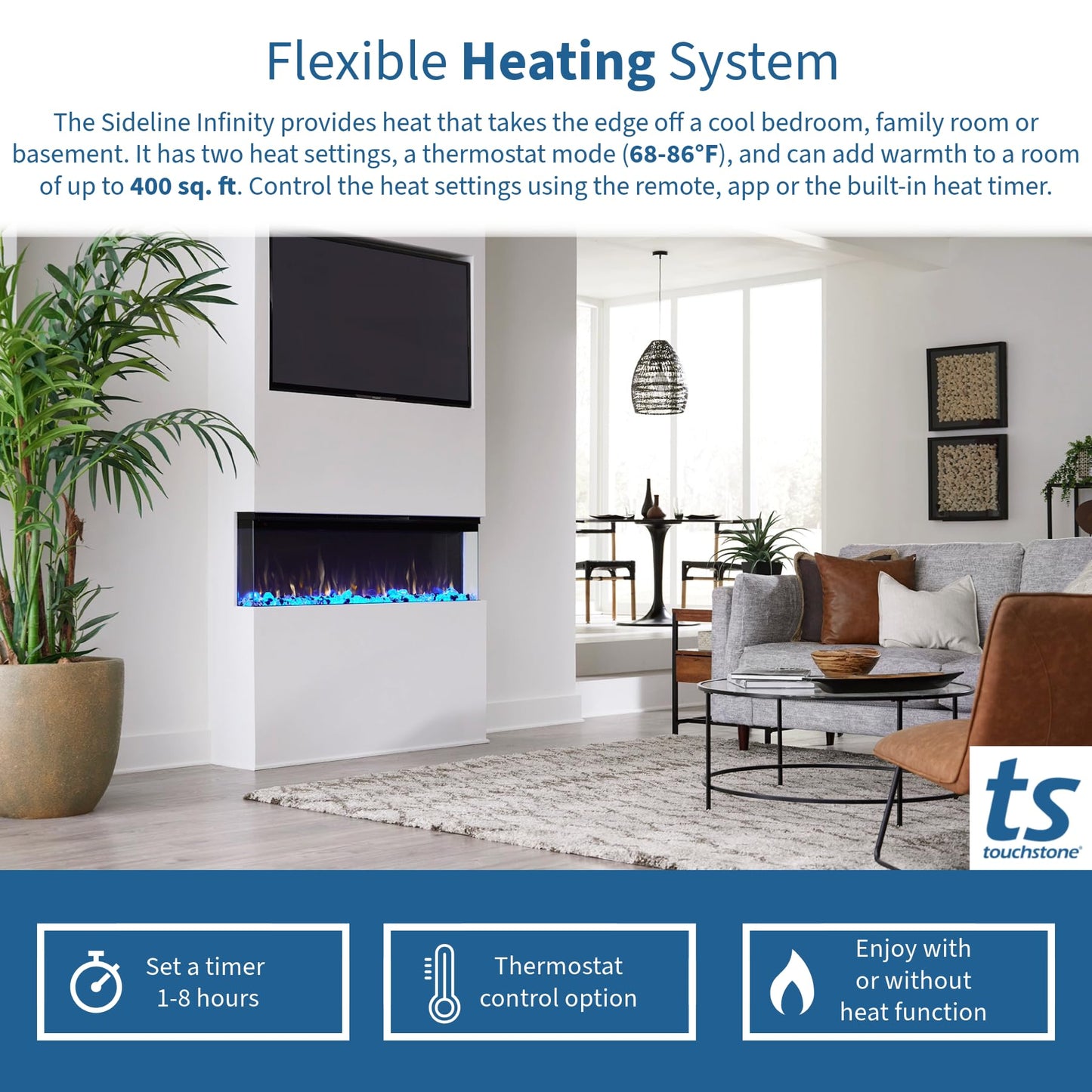 Touchstone Sideline Infinity 3-Sided Smart 72" WiFi-Enabled Electric Fireplace - 80051 - Built-in - 60 Color Combinations - 1,500W Heater- Black - Log & Crystals