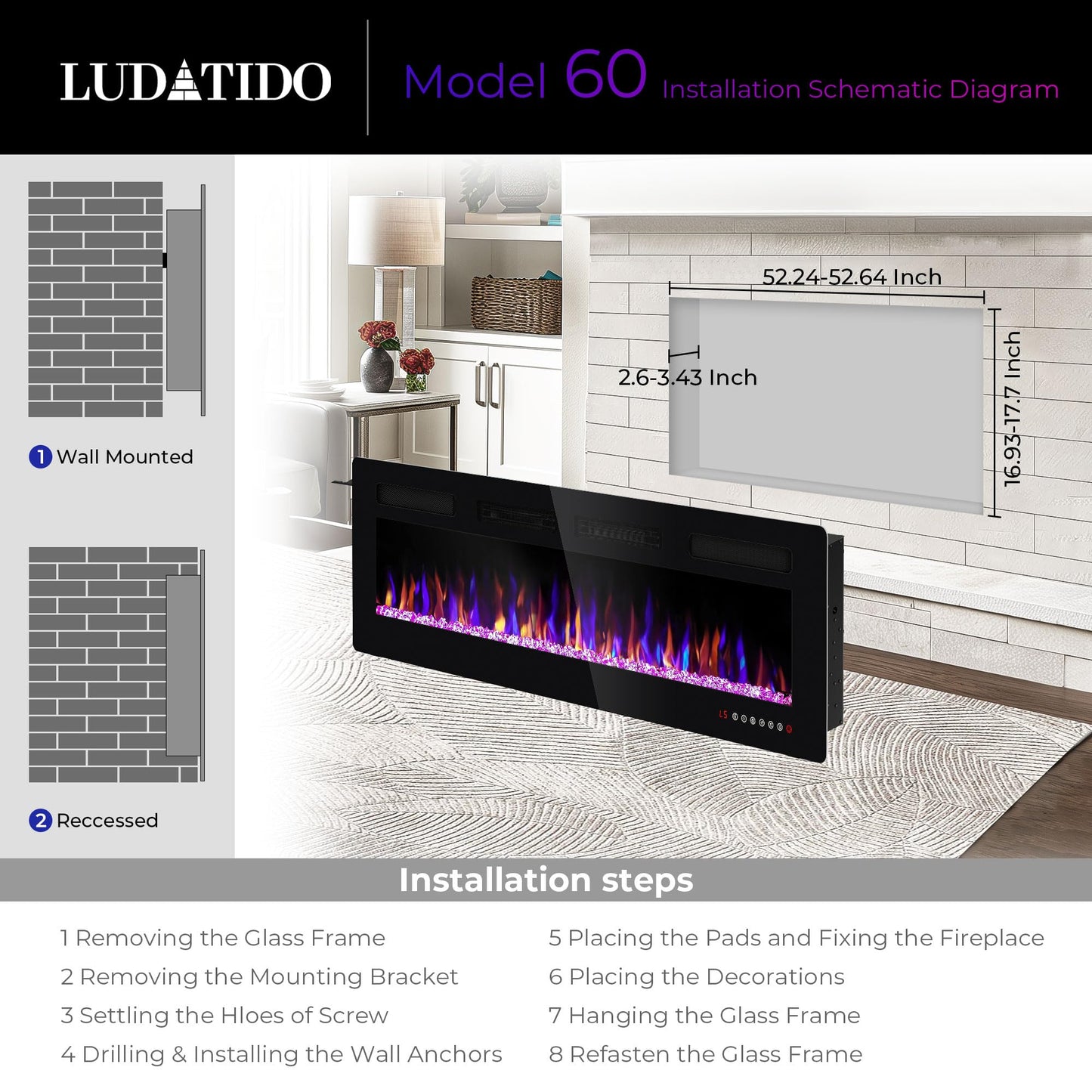 Ludatido 60 Inch Electric Fireplace Wall Mounted/Recessed, 3.2 Inch Ultra Thin Electric Fireplace Insert With1500W Heater, Multicolor Flame with Timer/Speed/Touch Screen/Remote Control