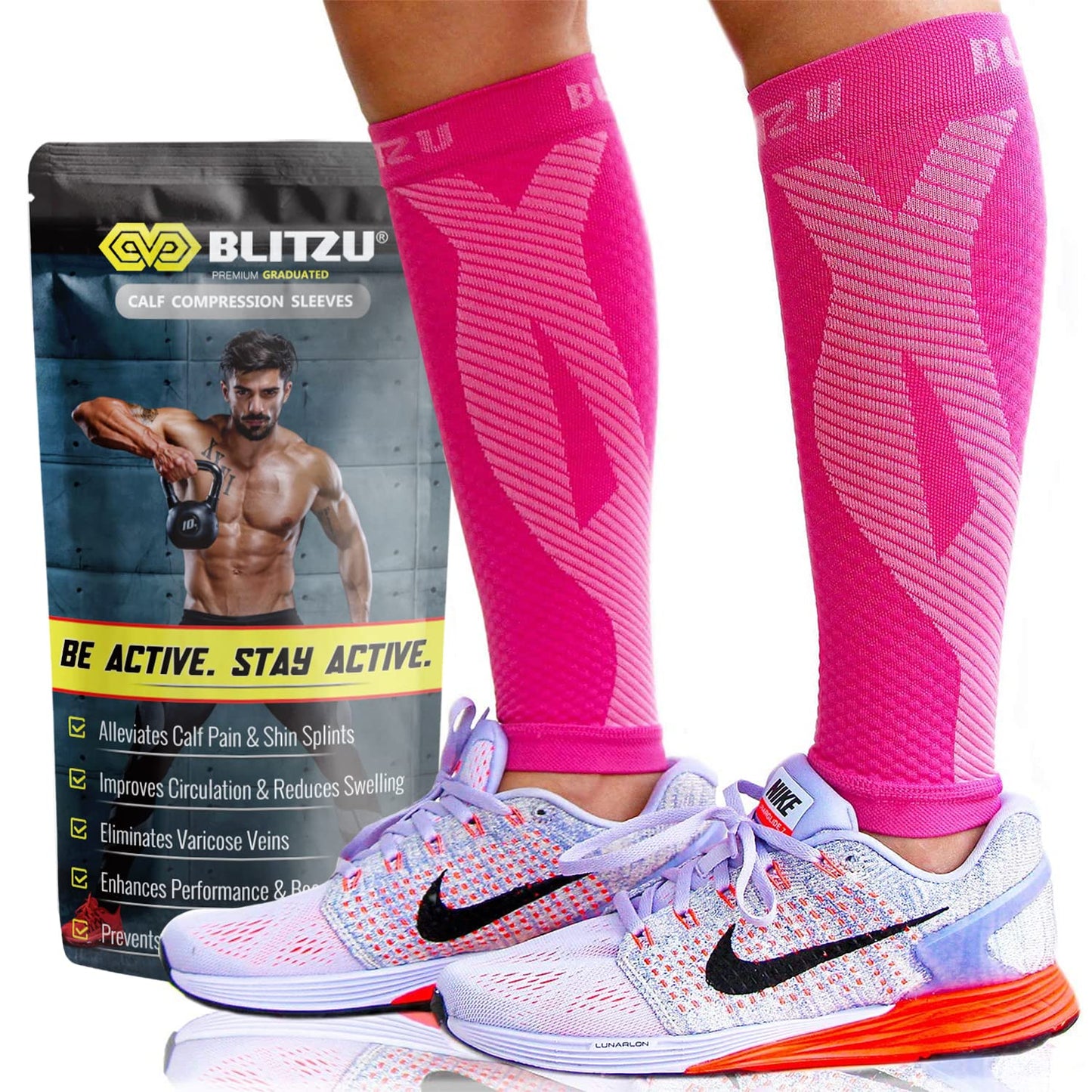 BLITZU Calf Compression Sleeves for Men and Women. Footless Compression Socks Support for Varicose Vein, Nursing, Running. Leg Sleeve Brace for Shin Splints, Pain Relief & Reduces Swelling Pink S-M