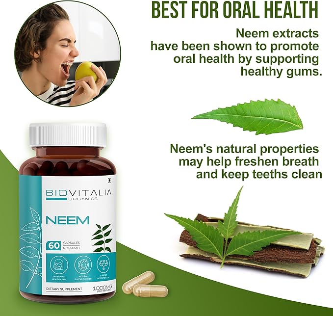 Biovitalia Plant Based Neem 1000mg Capsule for Men & Women | Dietary Supplement | Support Healthy & Promote Detoxification - 60 Vegan Capsules
