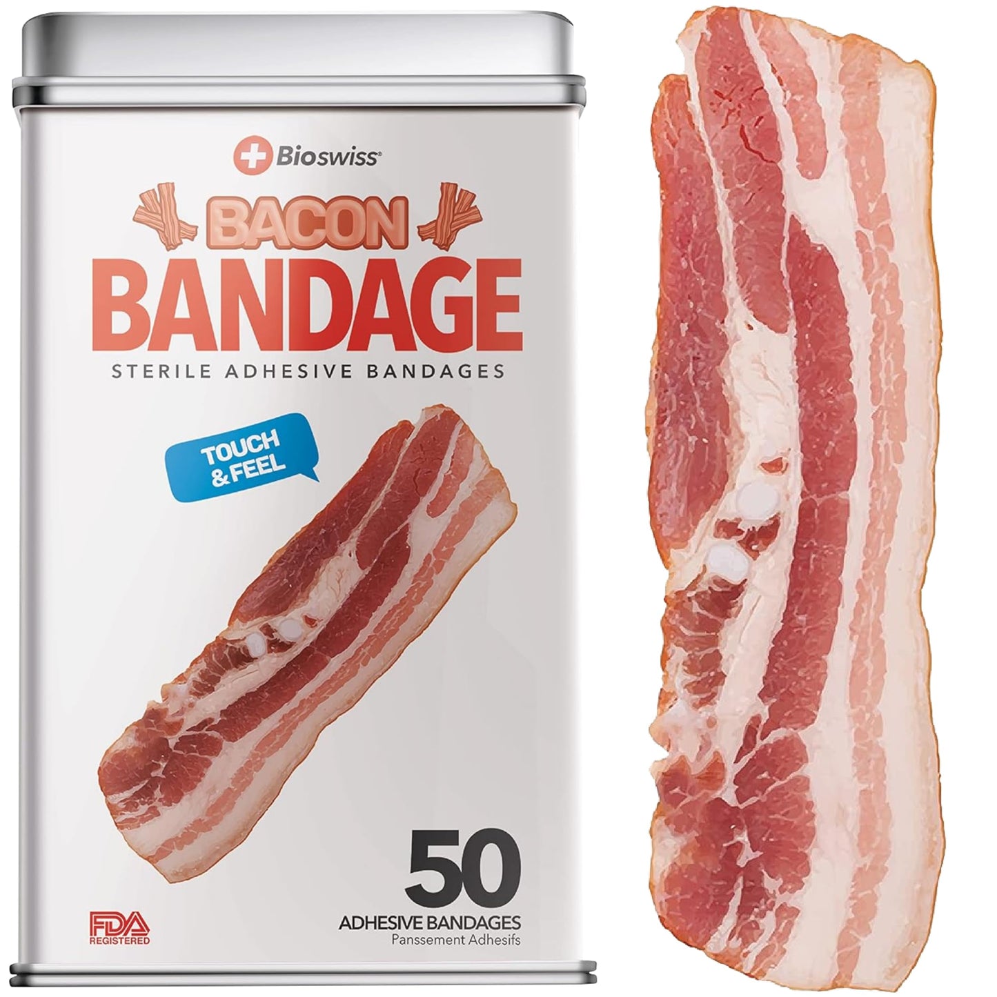 BioSwiss Bandages, Bacon Shaped Self Adhesive Bandages, Latex Free Sterile Wound Care, Fun First Aid Kit Supplies for Kids, 50 Count