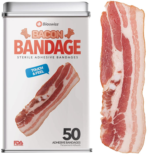 BioSwiss Bandages, Bacon Shaped Self Adhesive Bandages, Latex Free Sterile Wound Care, Fun First Aid Kit Supplies for Kids, 50 Count