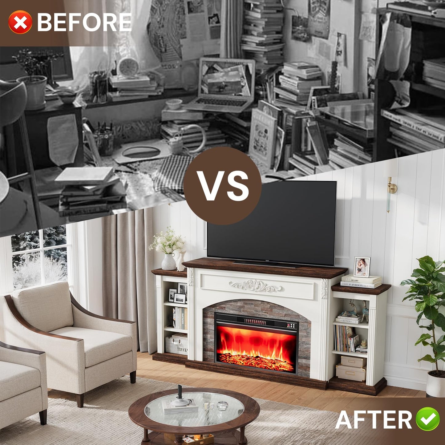 80" Electric Fireplace with Mantel, Fireplace TV Stand for TVs Up to 90",Modern Entertainment Center with Realistic Stacked Stone Surround,Wooden Carved Decorative Mantel, Ideal for Living Room