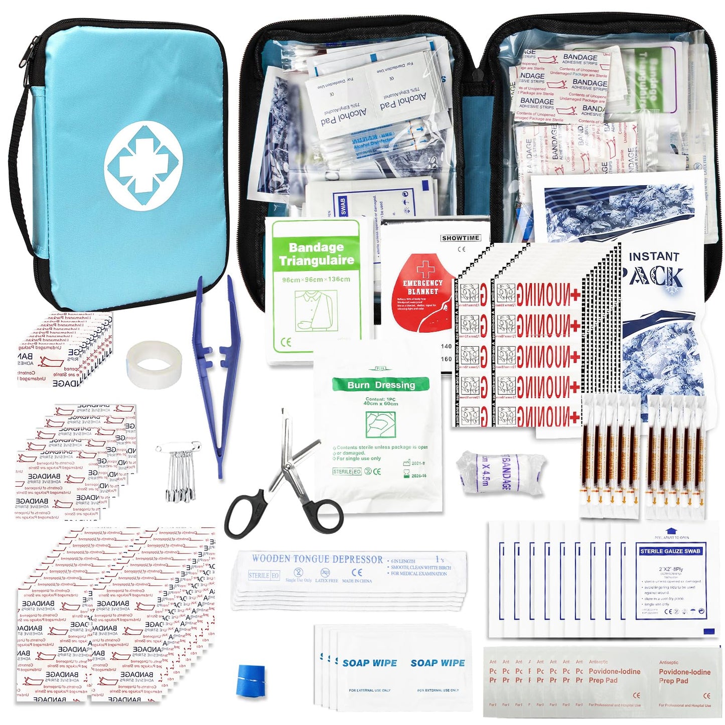 300 Piece Portable First Aid Kit Refill Supplies for Business Mini Home Emergency First Aid Survival Essential Kit for Outing Skating Waterproof First Aid Bag for Backpacking, Blue 1st Aid