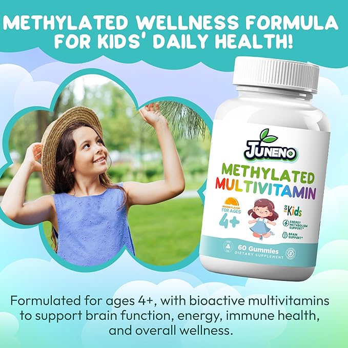 Methylated Multivitamin Gummies for Kids - MTHFR Support Supplement with B Complex 5-MTHF Folate (L-Methylfolate) B1 B3 B6 Methylcobalamin B12 Biotin & Vitamins A C D3 E - Vegan Gluten-Free No Sugar