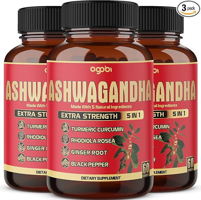 3 Packs 60 Capsules - Ashwagandha Supplement 5200mg - 5in1 with Ginger, Turmeric, Rhodiola Rosea & Black Pepper - Stamina & Body Health Support - 6-Month Supply