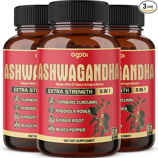3 Packs 60 Capsules - Ashwagandha Supplement 5200mg - 5in1 with Ginger, Turmeric, Rhodiola Rosea & Black Pepper - Stamina & Body Health Support - 6-Month Supply