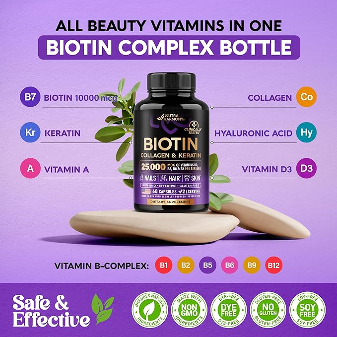 Biotin | Collagen | Keratin - Clinically Tested Supplement - Hair Growth Support, Skin & Nails - 25000 mcg Vitamins B2, B3, B6 & B7 + B1 & Hyaluronic Acid - Made in USA - Women & Men | 60 Capsules