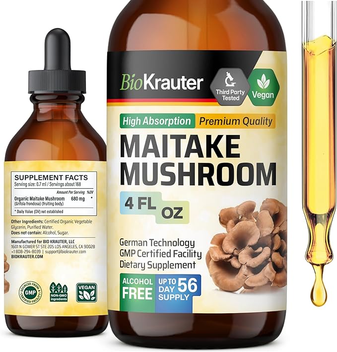 BIO KRAUTER Maitake Mushroom Extract - Maitake Liquid Supplement for Immune Support - 680 mg per Serving - Vegan, Alcohol & Sugar Free Drops 4 Fl.Oz.