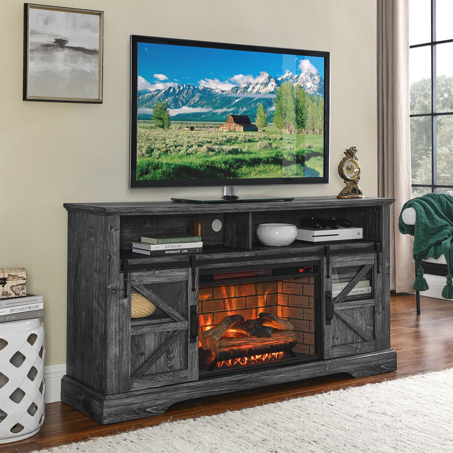 LAYIQDC Electric Fireplace with TV Stand,60" Traditional Farmhouse Style Electric Hearth,TV Stand and Console Combination, with 5118 BTU Heat Output, CSA/UL Certified 1500W (Dark Grey)