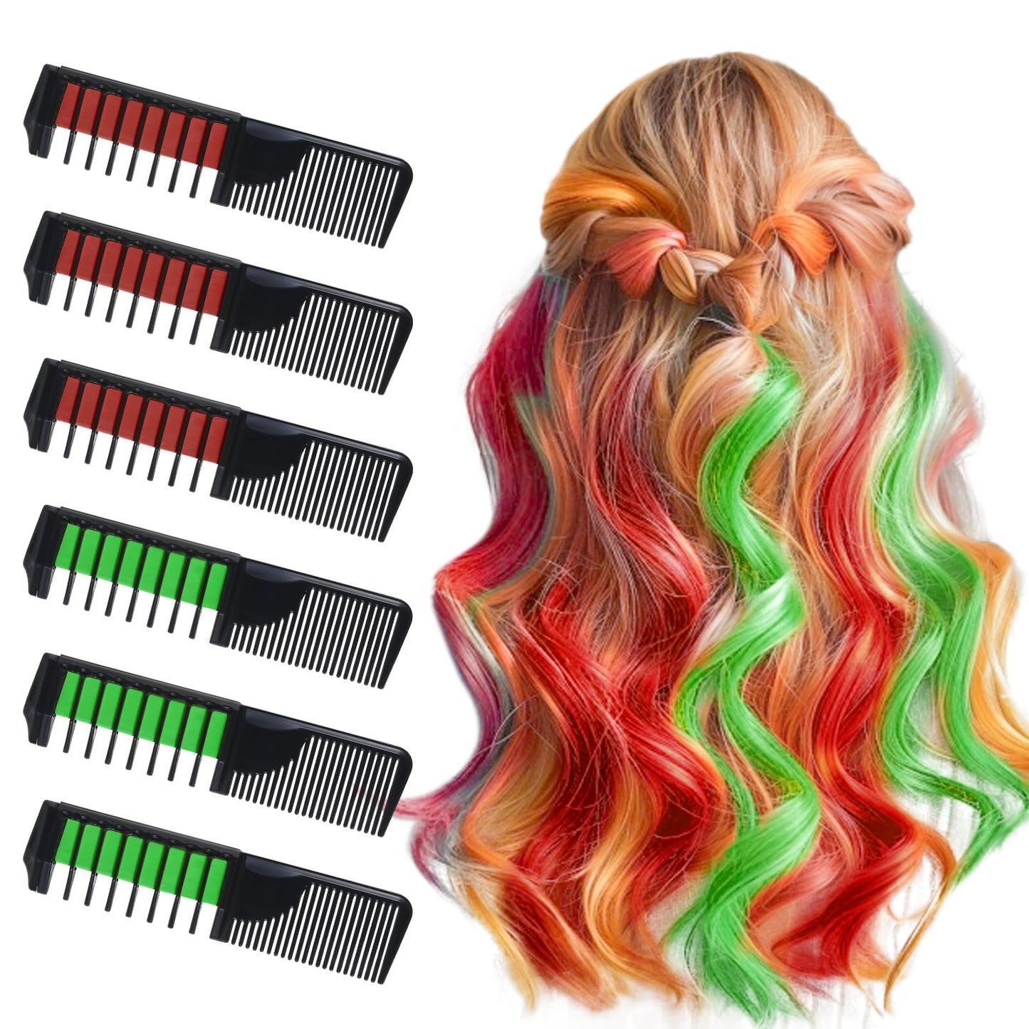 SPRINGSUGAR 6 PCS Hair Chalk Comb Set Temporary Hair Color for Kids Girls Washable, Hair Dye for Halloween, Dress Up Parties, Role Play, Christmas, Birthday Party, Cosplay(3 Green + 3 Red)