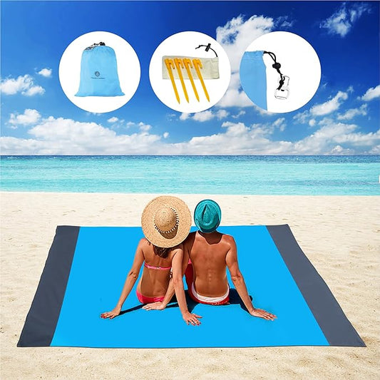 Lightweight Beach Blanket - Oversized 107" x 77" - Waterproof Sandproof - Double Anchored for Fun Leisure Beach Blanket - with Stake and Pouch - Durable Sand Beach Mat