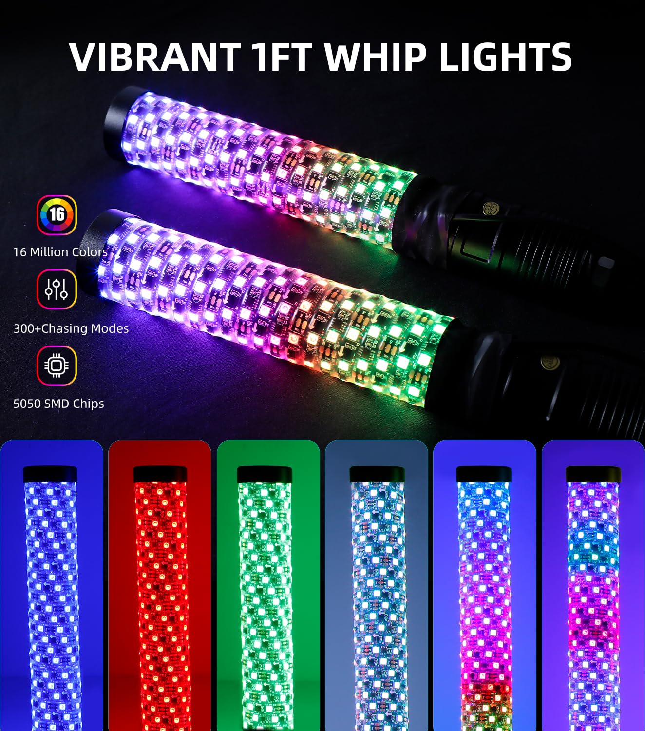 ZIMABLUE 2PC 1FT Fat Whip Lights for Side by Side, App & Remote Control RGB Chasing Light Whip with 3 Switchs for ATV UTV Dune Buggy Truck,LED Whip Light Compatible with Polaris RZR Can-Am Maverick X3