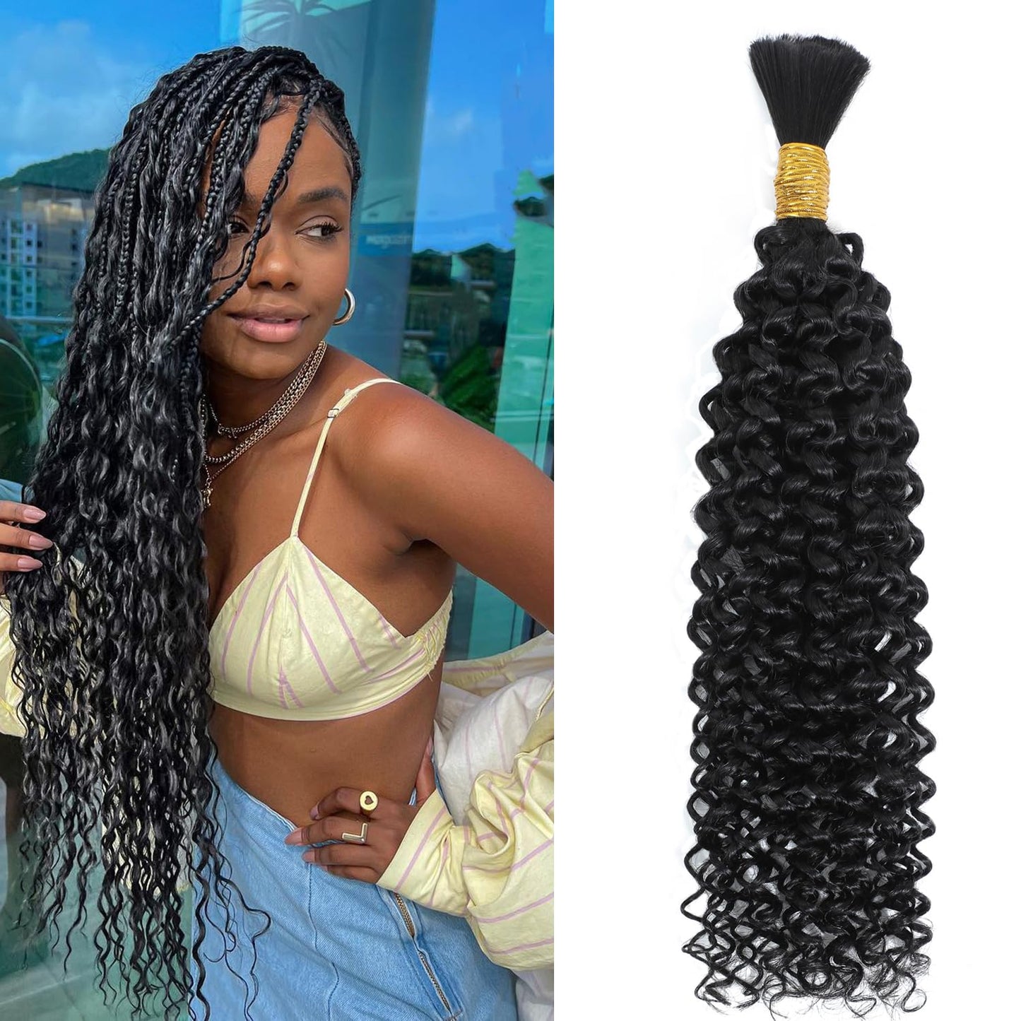Human Braiding Hair Deep Water Wave Bulk Human Hair for Braiding 20 Inch Natural Black Wet and Wavy Human Hair Bundles No Weft 50g 12A Brazilian Virgin Curly Human Hair for Boho Braids